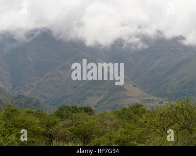 View of the Comechingones mountains covered in clouds in Villa de Merlo, San Luis, Argentina. Stock Photo