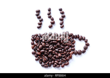 Roasted coffee beans scattered into a shape of a cup with rising steam. Isolated on white background. Stock Photo