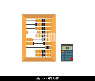 Old wooden abacus and calculator isolated on a white backgroun. Vector illustration. Stock Vector
