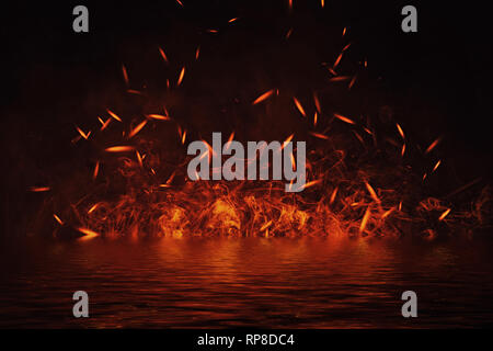 Texture of fire with reflection in water. Flames on isolated black background. Texture for banner,flyer,card. Stock Photo