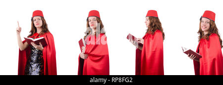 Woman wearing fez hat isolated on white Stock Photo