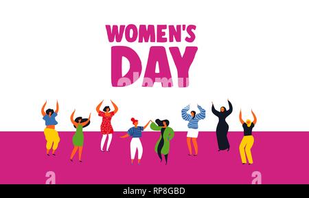 International Womens Day greeting card illustration of diverse women. Happy girls dancing for party celebration, feminist parade event or diversity co Stock Vector