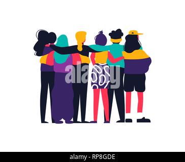 Diverse women friend group hugging together for feminist concept or womens right event. Modern young woman dressed in trendy urban fashion. Female tea Stock Vector