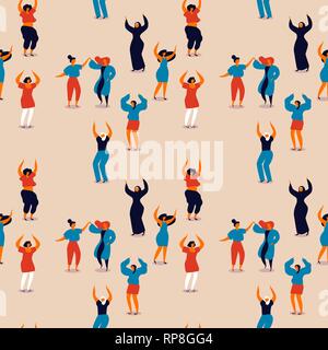 International Womens Day seamless pattern of diverse women. Happy girls dancing for party celebration, feminist parade event or diversity concept. Stock Vector