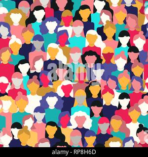 International Womens Day seamless pattern of diverse women faces. Colorful girl group background for equal rights march, feminist protest event or div Stock Vector