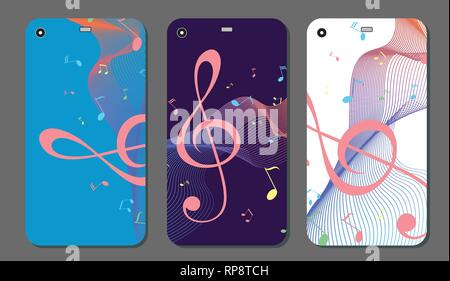 Modern smart phone on musical background. Phone cover template set with music key and notes. Stock Vector