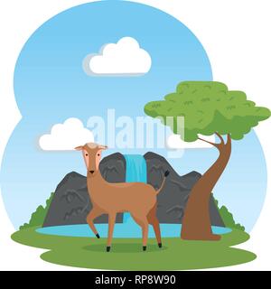 african antelope in the savannah with waterfall vector illustration design Stock Vector