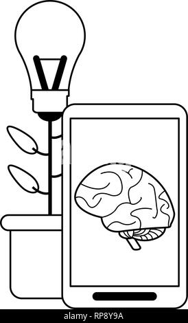 smartphone with brain on screen and flower big idea pot black and white Stock Vector