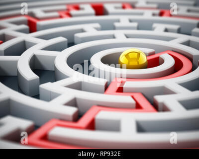 Red line leading to the center of the round maze. 3D illustration. Stock Photo