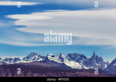 Famous beautiful peak Cerro Torre in Patagonia mountains, Argentina. Beautiful mountains landscapes in South America. Stock Photo