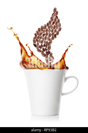 Coffee splash and steam from coffee beans over cup Stock Photo