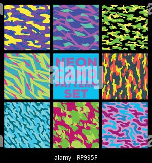 Neon camouflage patterns. Collection of 8 seamless pattern set. vector background illustration for banner, backdrop, web, fashion, surface design Stock Vector