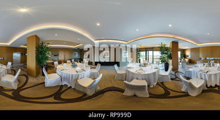 360 degree panoramic view of MINSK, BELARUS - AUGUST, 2017: full panorama 360 angle view seamless inside interior of large banquet hall in modern hotel in equirectangular spherica