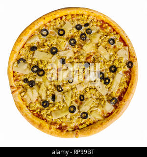 delicious pizza with chicken and pineapple on white background. Isolated Stock Photo
