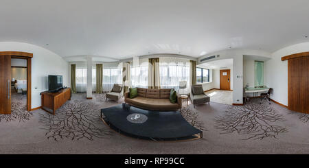 360 degree panoramic view of MINSK, BELARUS - AUGUST, 2017: full seamless 360 degrees angle view panorama in  interior guestroom hall with furniture in modern hotel in equirectang