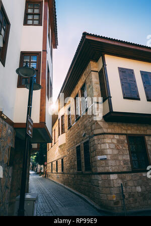 Antalya, Turkey - 25th November 2018: Typical narrow street in most visited old town. Old townn in city centrum. Stock Photo