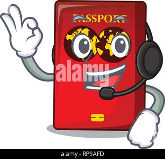 With headphone red passport isolated on with cartoon Stock Vector