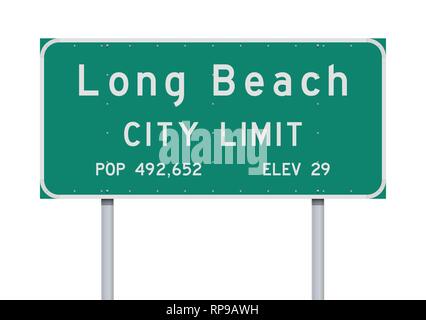 Vector illustration of the Long Beach City Limits green road sign Stock Vector