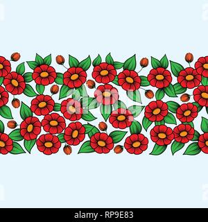 Blue background with red daisy flower bouquets pattern. Horizontal seamless floral pattern wallpaper Stock Vector
