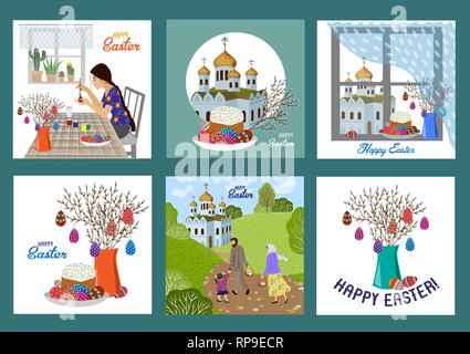 Happy Easter. Set of templates for cards and banners with cartoon flat cute easters story and elements Vector illustration Stock Vector
