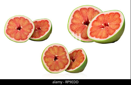 Red pomelo isolated on white background. Thailand Siam ruby pomelo fruit. Fresh grapefruit. Natural source of vitamin C (antioxidants) and potassium.  Stock Photo