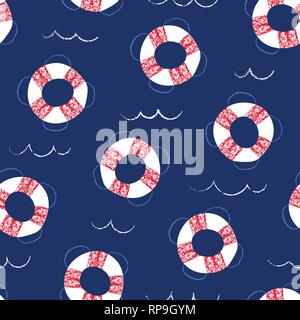 Whimsical, Hand-Drawn with Crayons, Lifebuoys in Sea Vector Seamless Pattern. Fun Kids and babies nautical background. Sea, Ocean Objects Drawings Stock Vector