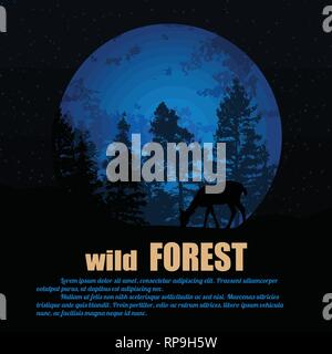 Forest wildlife poster with deers silhouette on the forest in front of full moon with space for your text, vector illustration Stock Vector