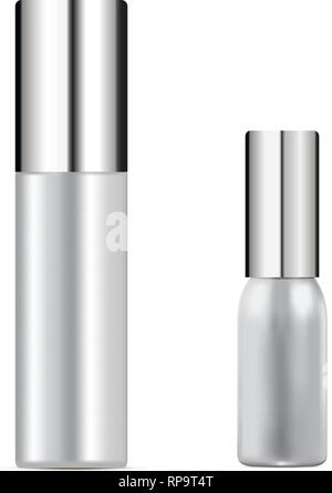 Cosmetic set of white bottles realistic illustration. Mirror lid white basis containers separated on background. Metallic or plastic material. Stock Vector