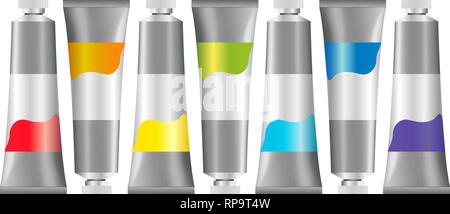 Realistic 3d oil paint tubes Mockup set for oil or acrylic paint. Vector illustration. Stock Vector