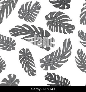 Monstera leaves seamless textile black and white pattern. Set of vector elements, for tropical, exotic, summer design. Tropical leafs. Monstera delici Stock Vector