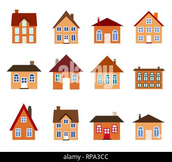 House set - colourful home icon collection (warm colors). Illustration group. Private residential architecture. Stock Vector