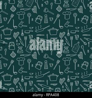 Cooking utensils and kitchen tools - seamless background doodle vector. Stock Vector