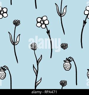 Floral background seamless texture - retro style plant illustration. Flowers and wild strawberries. Stock Vector