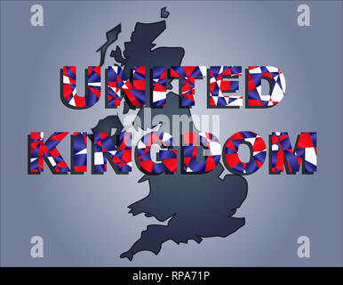 The contours of territory of United Kingdom in grey colours and word United Kingdom in colors of the oficial flag, red, blue and white Stock Photo