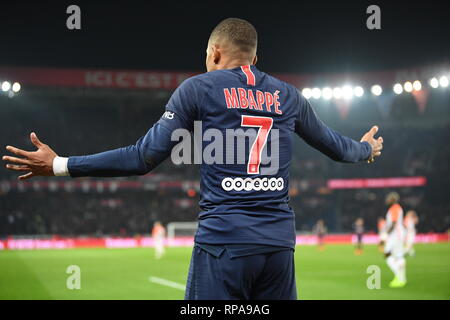 Paris. 20th Feb, 2019. Kylian Mbappe of Paris Saint-Germain reacts during the match of French Ligue 1 2018-2019 season 17th round match between Paris Saint-Germain and Montpellier in Paris, France on Feb. 20, 2019. Paris Saint-Germain won 5-1 at home. Credit: Jack Chan/Xinhua/Alamy Live News Stock Photo