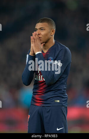 Paris. 20th Feb, 2019. Kylian Mbappe of Paris Saint-Germain reacts during the match of French Ligue 1 2018-2019 season 17th round match between Paris Saint-Germain and Montpellier in Paris, France on Feb. 20, 2019. Paris Saint-Germain won 5-1 at home. Credit: Jack Chan/Xinhua/Alamy Live News Stock Photo