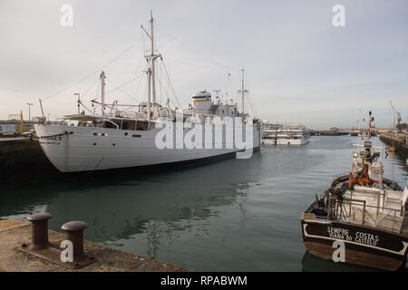 Viana Do Castelo, Portugal. 20th Feb, 2019. A general view of the former hospital ship, Gil Eannes, in Viana do Castelo.Viana do Castelo is rich in palaces emblazoned with coats of arms, churches and monasteries, monumental fountains and water features that constitute a wealth of heritage worth visiting. It is located on the banks of Lima River and borders the Atlantic Ocean. Credit: Omar Marques/SOPA Images/ZUMA Wire/Alamy Live News Stock Photo