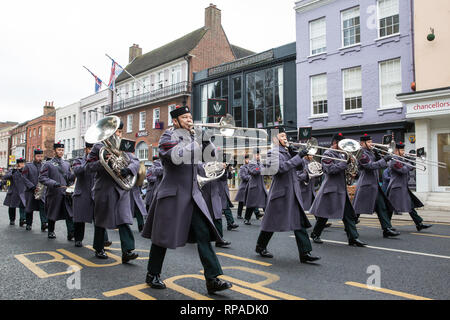 Windsor, UK. 21st February, 2019. The Band of the Brigade of Gurkhas leads 36 Engineer Regiment Queen's Gurkha Engineers in the Changing of the Guard ceremony at Windsor Castle. The Queen's Gurkha Engineers will provide the Windsor Guard until April 12th, for the first time since the celebrations marking 200 years of service to the Crown in 2015. Credit: Mark Kerrison/Alamy Live News Stock Photo