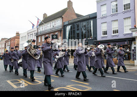 Windsor, UK. 21st February, 2019. The Band of the Brigade of Gurkhas leads 36 Engineer Regiment Queen's Gurkha Engineers in the Changing of the Guard ceremony at Windsor Castle. The Queen's Gurkha Engineers will provide the Windsor Guard until April 12th, for the first time since the celebrations marking 200 years of service to the Crown in 2015. Credit: Mark Kerrison/Alamy Live News Stock Photo