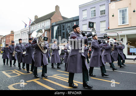 Windsor, UK. 21st February, 2019. The Band of the Brigade of Gurkhas leads 36 Engineer Regiment Queen's Gurkha Engineers in the Changing of the Guard ceremony at Windsor Castle. The Queen's Gurkha Engineers will provide the Windsor Guard until April 12th, for the first time since the celebrations marking 200 years of service to the Crown in 2015. Credit: Mark Kerrison/Alamy Live News Stock Photo