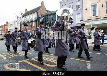 Windsor, UK. 21st February, 2019. The Band of the Brigade of Gurkhas leads 36 Engineer Regiment Queen's Gurkha Engineers in the Changing of the Guard ceremony at Windsor Castle. The Queen's Gurkha Engineers will provide the Windsor Guard until April 12th, for the first time since the celebrations marking 200 years of service to the Crown in 2015. Credit: Mark Kerrison/Alamy Live News Stock Photo