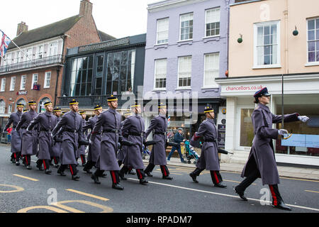 Windsor, UK. 21st February, 2019. 36 Engineer Regiment Queen's Gurkha Engineers, accompanied by the Band of the Brigade of Gurkhas, take part in the Changing of the Guard ceremony at Windsor Castle. The Queen's Gurkha Engineers will provide the Windsor Guard until April 12th, for the first time since the celebrations marking 200 years of service to the Crown in 2015. Credit: Mark Kerrison/Alamy Live News Stock Photo