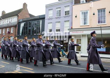 Windsor, UK. 21st February, 2019. 36 Engineer Regiment Queen's Gurkha Engineers, accompanied by the Band of the Brigade of Gurkhas, take part in the Changing of the Guard ceremony at Windsor Castle. The Queen's Gurkha Engineers will provide the Windsor Guard until April 12th, for the first time since the celebrations marking 200 years of service to the Crown in 2015. Credit: Mark Kerrison/Alamy Live News Stock Photo