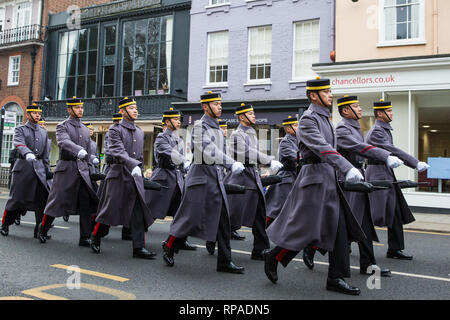 Windsor, UK. 21st February, 2019. 36 Engineer Regiment Queen's Gurkha Engineers, accompanied by the Band of the Brigade of Gurkhas, take part in the Changing of the Guard ceremony at Windsor Castle. The Queen's Gurkha Engineers will provide the Windsor Guard until April 12th, for the first time since the celebrations marking 200 years of service to the Crown in 2015. Credit: Mark Kerrison/Alamy Live News Stock Photo