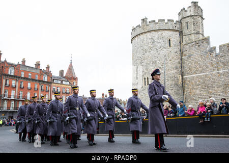 Windsor, UK. 21st February, 2019. 36 Engineer Regiment Queen's Gurkha Engineers, accompanied by the Band of the Brigade of Gurkhas, take part in the Changing of the Guard ceremony at Windsor Castle. The Queen's Gurkha Engineers will provide the Windsor Guard until April 12th, for the first time since the celebrations marking 200 years of service to the Crown in 2015. Credit: Mark Kerrison/Alamy Live News Stock Photo