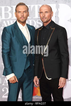 February 20, 2019 - London, United Kingdom - Matt and Luke Goss - Bros are seen on the red carpet during The BRIT Awards 2019 at The O2, Peninsula Square in London. (Credit Image: © Keith Mayhew/SOPA Images via ZUMA Wire) Stock Photo