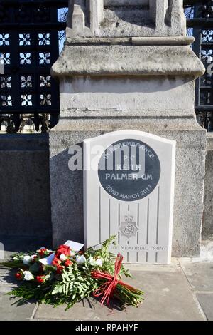 21st Feb 2019. Memorial to PC Palmer who was killed in the Westminster Bridge Terror Attack.Carriage Gates,Houses of Parliament, Westminster, London.UK Credit: michael melia/Alamy Live News Stock Photo