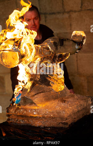 Durham, UK. 21st Feb 2019. Preparations are underway for the Fire and Ice festival, held on 22 and 23 February 2019, in Durham, UK. Matt Chaloner, the Master Carver of Glacial Art, creates an ice sculpture of a minotaur in the cloisters of Durham Cathedral. Credit: Stuart Forster/Alamy Live News Stock Photo