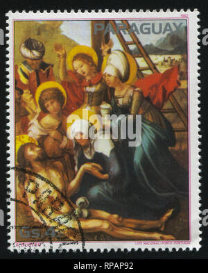 RUSSIA KALININGRAD, 19 APRIL 2017: stamp printed by Paraguay, shows Painting Lamentation over the Dead Christ by Albrecht Durer, circa 1982 Stock Photo