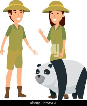 couple of workers zoo with panda bear vector illustration design Stock Vector